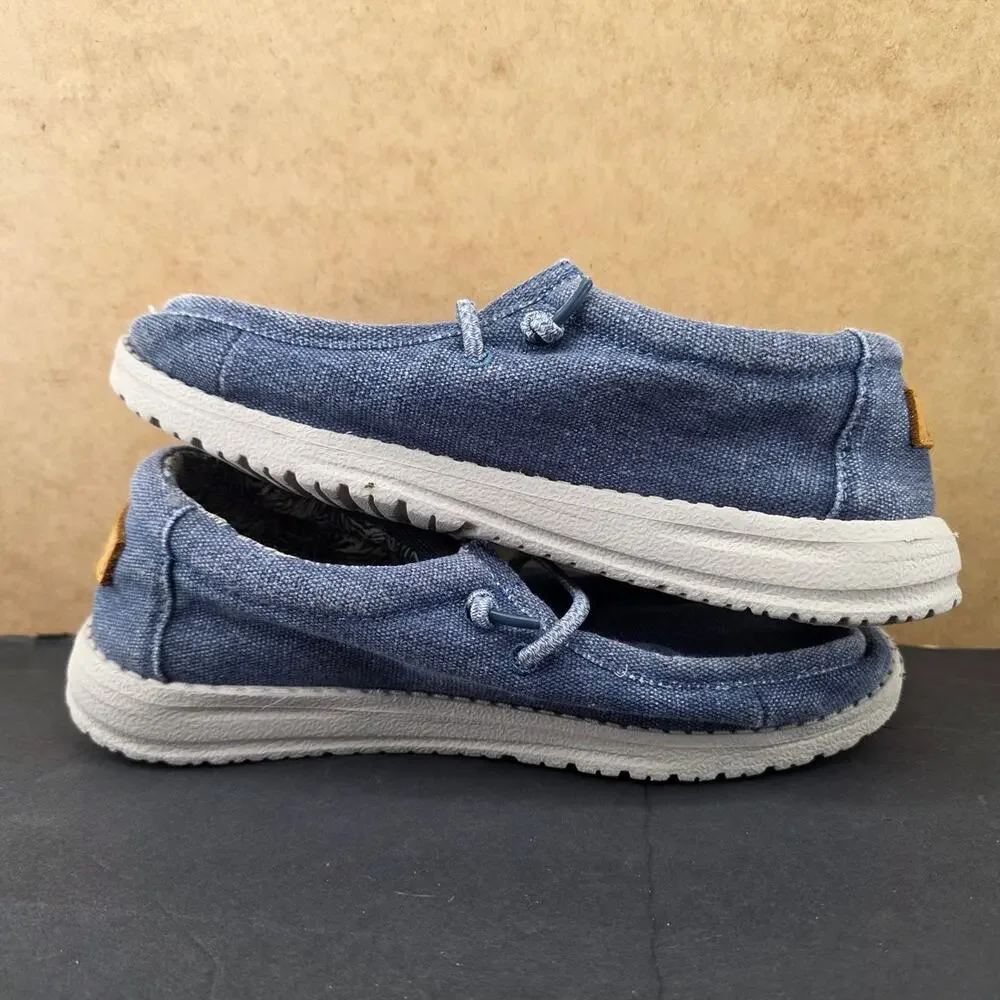 Hey Dude Wally Youth blue denim slip-on loafer shoes size 3